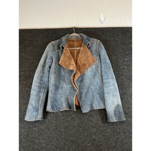 Illia Blue Distressed Leather Shearling Lined Open Front Jacket 6 Made in USA